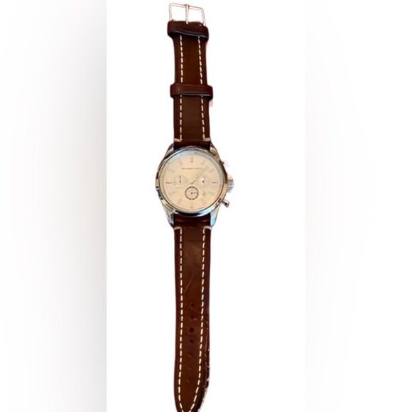 Michael Kors Silver Chronograph Watch MK-8035 with Brown Leather strap - Picture 2 of 6